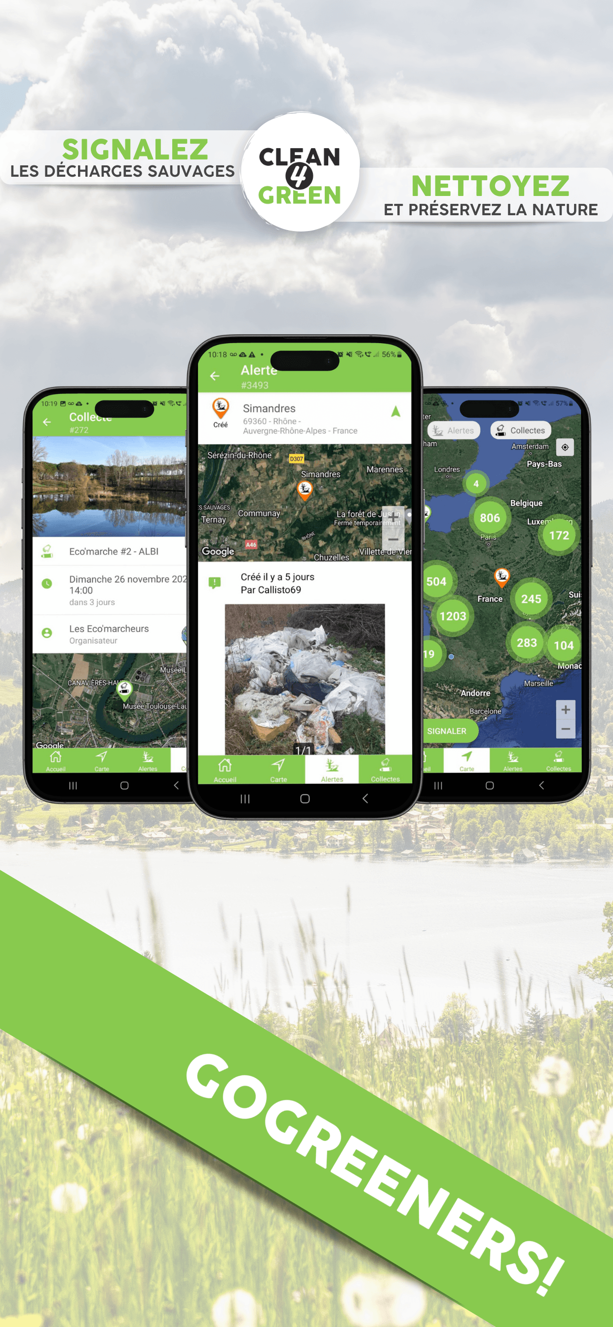 Aperçu mobile Clean4Green avec carte, alerte et collecte