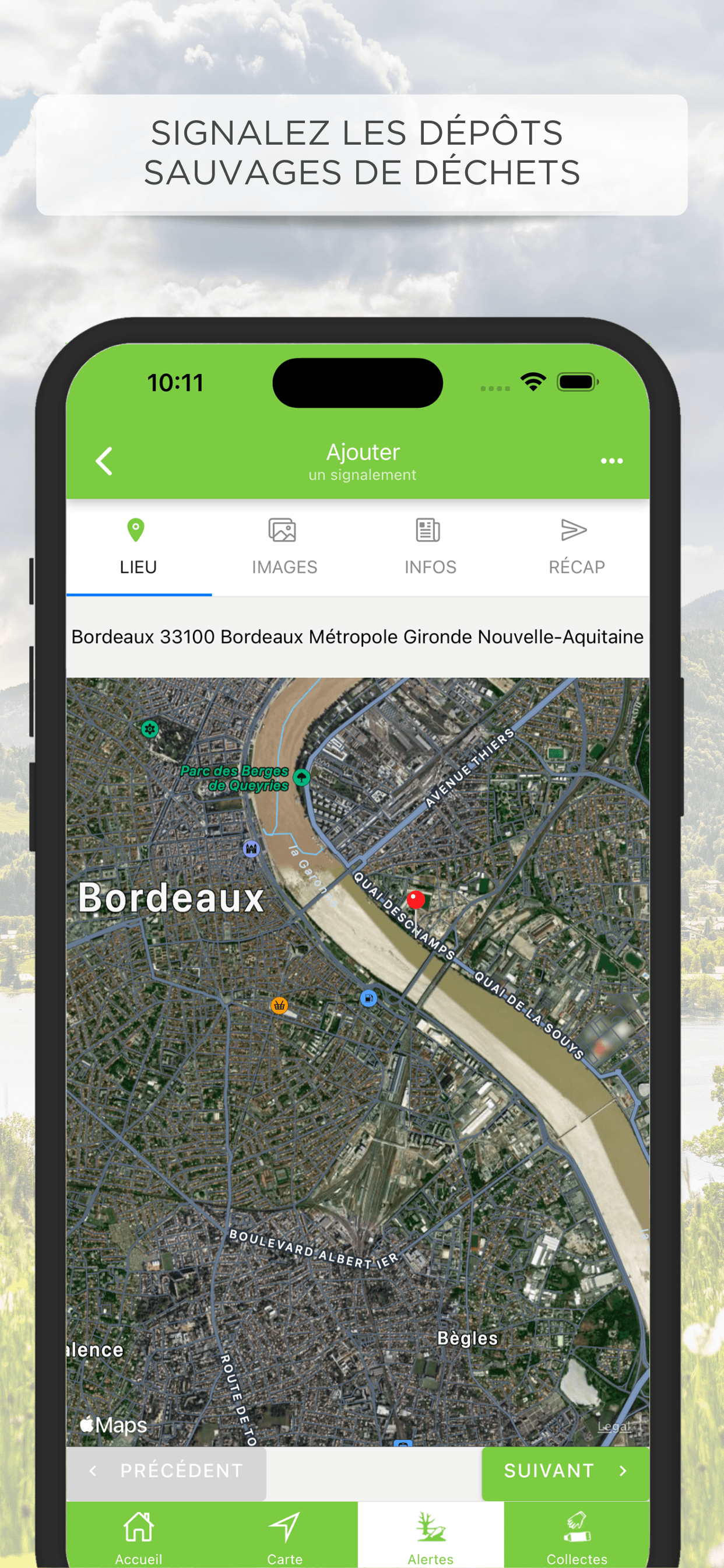 Parcours mobile Clean4Green pour localiser et signaler un dépôt sauvage