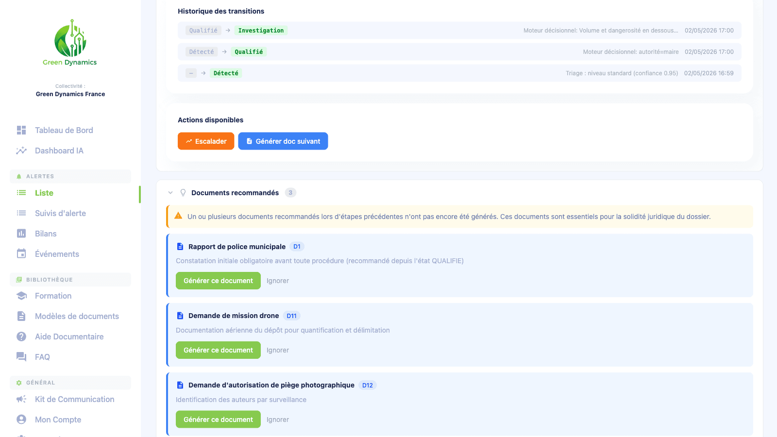 Parcours Clean4AI avec historique, documents recommandés et actions disponibles